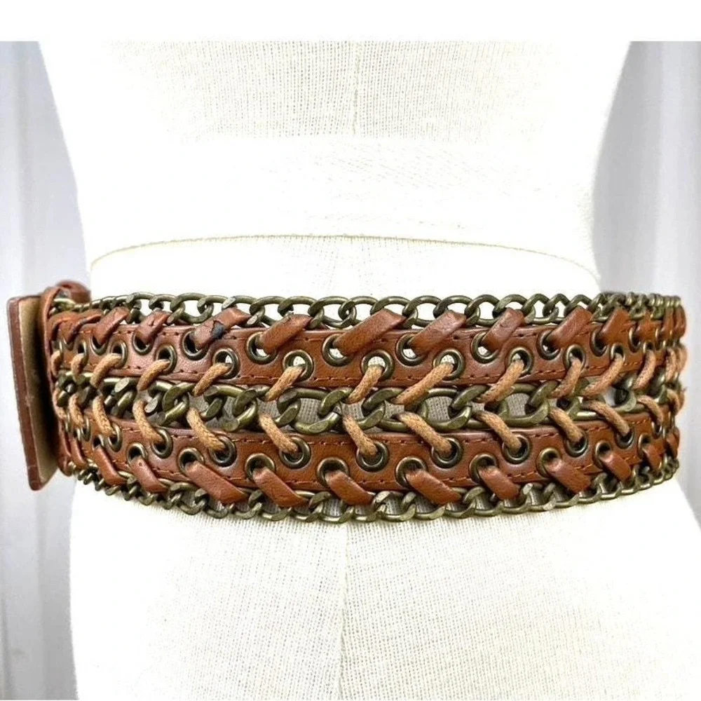 Vintage Boho 90s‎ Womens (32) Wide Brass Chain Leather Lacing Tan Belt Western